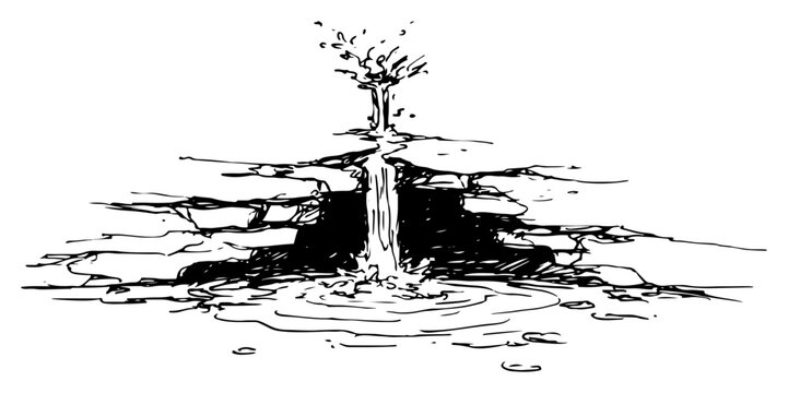Tiered water fountain and garden waterfall with rocks in hand drawn sketch style
