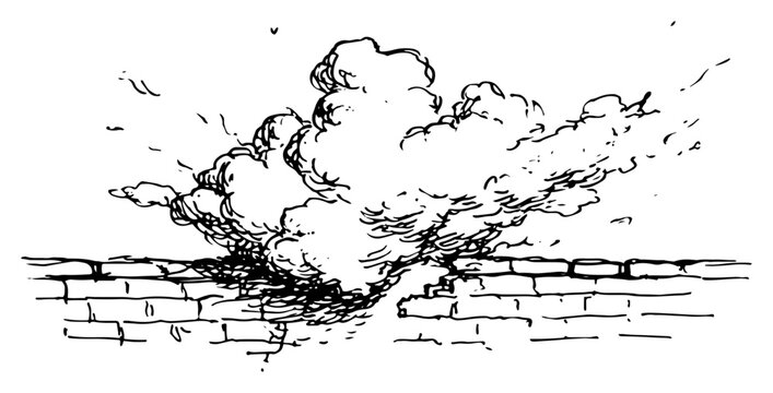 Billowing smoke cloud rising over brick wall in hand drawn sketch style