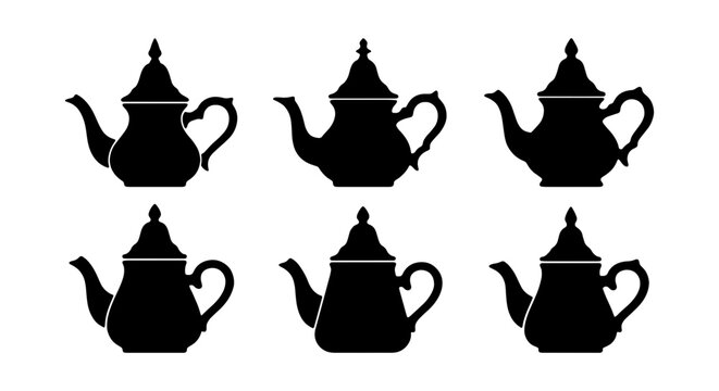 Moroccan Teapot Silhouettes, Islamic Drinkware Icons, Traditional Beverage Vessels, Vector Set