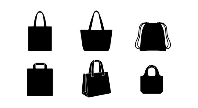 Set of 6 Black Silhouette Shopping Bags, Tote Bags, and Drawstring Pouches for Retail and Lifestyle