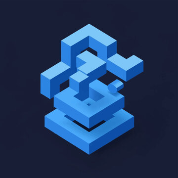 Three dimensional isometric illustration of interconnected blue rectangular prisms and cubes forming a complex vertical assembly on a dark navy blue background surface.