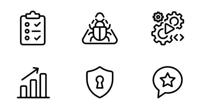 Technology Icons Set: Checklist, Bug, Code, Growth, Security, Star Rating