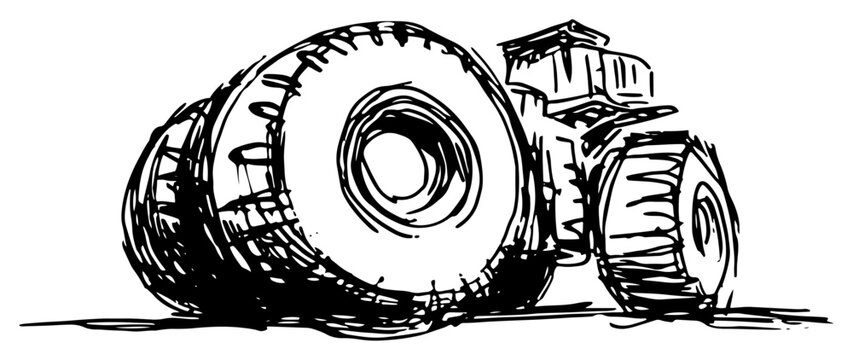 Heavy industrial tractor with large wheels in expressive hand drawn ink sketch style