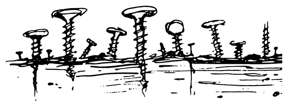 Screws and nails driven into surface in hand drawn sketch style