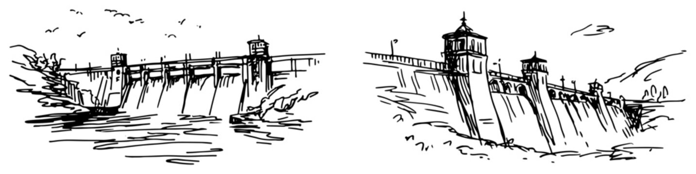 Hydroelectric dam structures and industrial water barriers in architectural sketch style