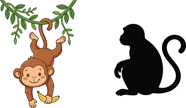 Cartoon Illustration of a Monkey Hanging from a Tree with Silhouette Version, Ideal for Animal, Nature, and Children's Design Projects