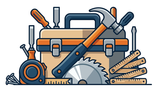 Professional Single Flat Icon Illustration of Woodworking Tools and Carpentry Equipme (1) 2X Text Banner with Minimalist Style