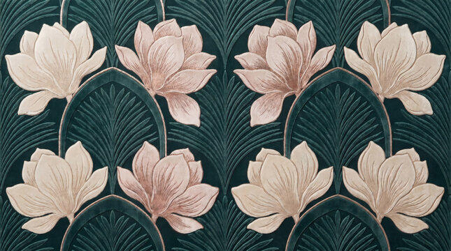 Seamless lotus flower pattern with soft pink blooms on dark teal background
