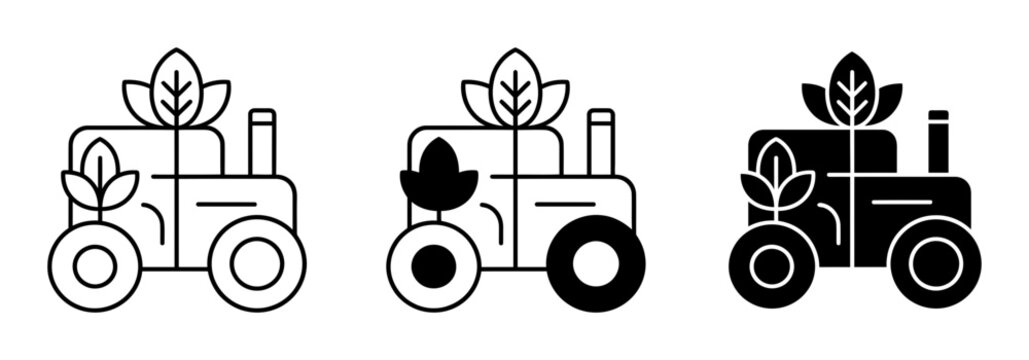 Tractor icons, eco friendly farming, agriculture symbols, vector illustrations
