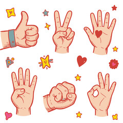 Fototapeta premium A set of cartoon hands making different gestures with stars and hearts on a white background