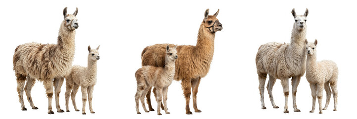 Majestic Llama Mother and Cute Baby Cria Isolated on White Background for Wildlife Photography, Andean Nature Education, and Farm Animal Themed Graphic Design Assets © Dynamic Shoots