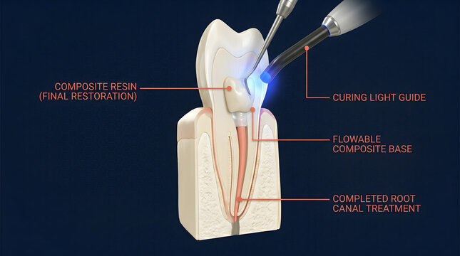 Root canal restoration using curing light and composite resin