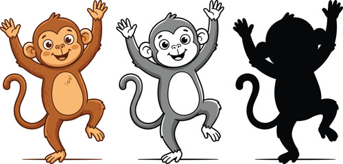 Cartoon Illustration of a Dancing Monkey in Multiple Variations, Perfect for Children's Design, Fun, and Animal Projects © SHILA