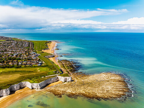 White Cliffs over Botany Bay and Kingsgate Bay from a drone at low tide, Broadstairs, Kent, England