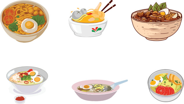 Vector illustrations of traditional Indonesian food bowls including bakso meatball soup, chicken noodles, and savory ramen dishes isolated on white