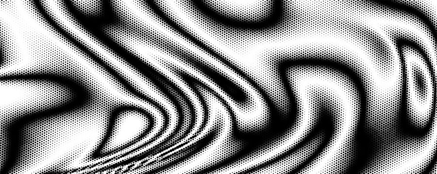 Psychedelic halftone pattern background. Retro background with black and white surreal wavy. Vector illustration.