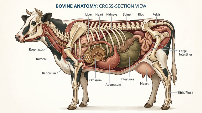 Detailed cross-section illustration of bovine anatomy showing internal organs and skeletal structure