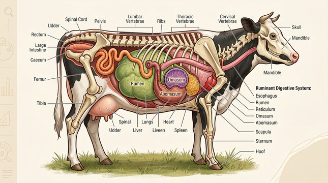 Detailed anatomical illustration of a cow's internal organs and skeletal structure