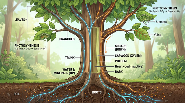 Diagram illustrating the process of photosynthesis and nutrient transport in a tree