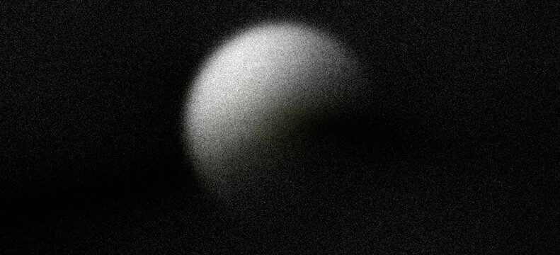 Black and white glowing gradient sphere on dark grainy background with soft grey noise texture, blurred shadowed orb shape, abstract design for website header, banner, poster, cover or wallpaper