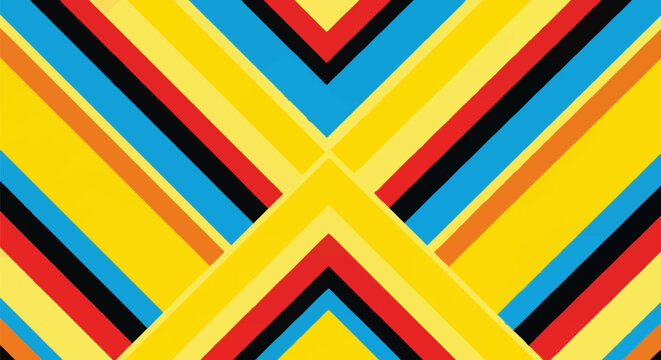 Geometric abstract background featuring vibrant diagonal stripes and chevron shapes in yellow, blue, red, black, and orange. Intersecting lines form a symmetrical, bold graphic.