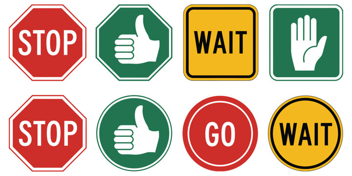 Stop wait and go traffic sign icon set, vector collection of red yellow and green signals for traffic control, road safety signage, transportation systems, and driving instruction design projects.