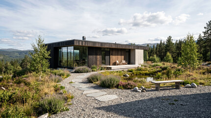 Fototapeta premium Modern wooden cabin nestled in a serene forest landscape with a pond