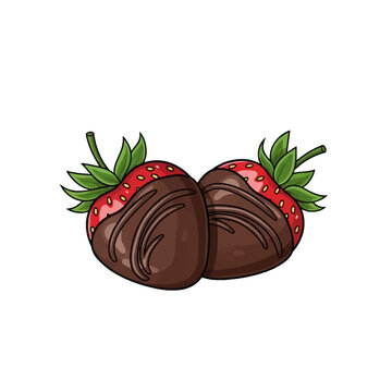 Two ripe red strawberries partially dipped in dark chocolate with a decorative drizzle pattern, featuring green leaves and stems, isolated on a plain white background vector illustration.