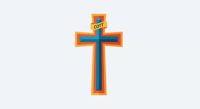 Stylized Christian cross vector illustration featuring layered blue bevel effect with orange and yellow borders, including a yellow ribbon banner with the word COTT on white background.