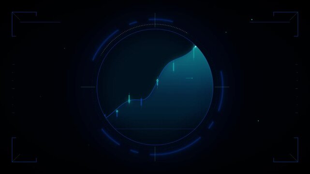 Futuristic digital interface displaying a glowing blue line graph with upward trend within a circular HUD