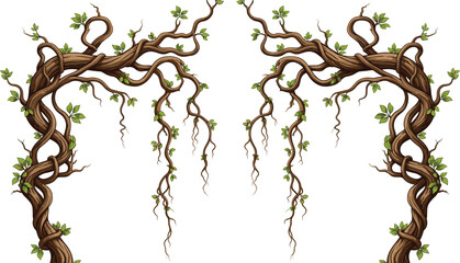 Twisted Tree Vine Arch Frame with Hanging Roots, Fantasy Forest Branches, and Decorative Nature Inspired Vector Illustration Elements © Abul