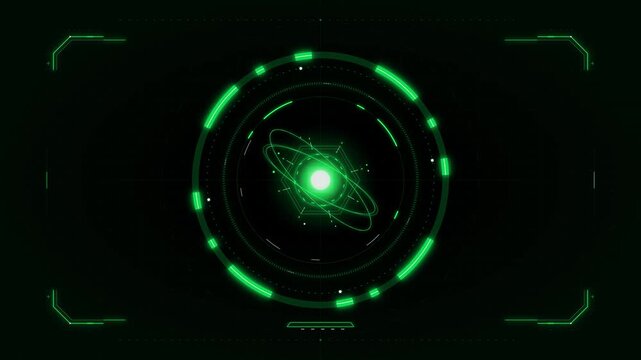 Sci-fi HUD with a glowing green atom symbol at the center surrounded by concentric rings and digital interface