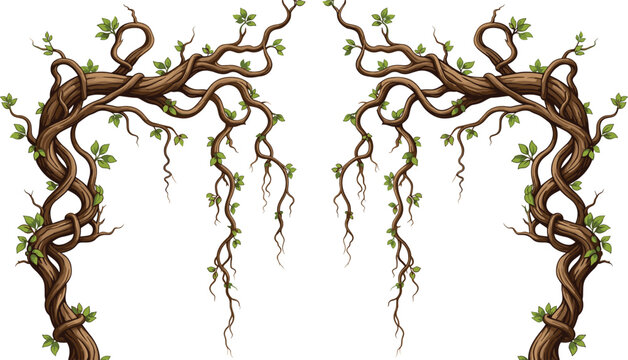Twisted Tree Vine Arch Frame with Hanging Roots, Fantasy Forest Branches, and Decorative Nature Inspired Vector Illustration Elements