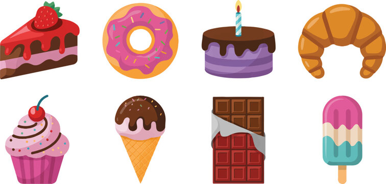 Assorted sweet snacks and desserts collection including donut cake slice chocolate bar ice cream cone and croissant icons for cafe.