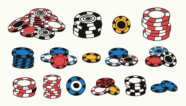 Colorful poker chips stacked in doodle style on white background for casino games and gambling illustrations