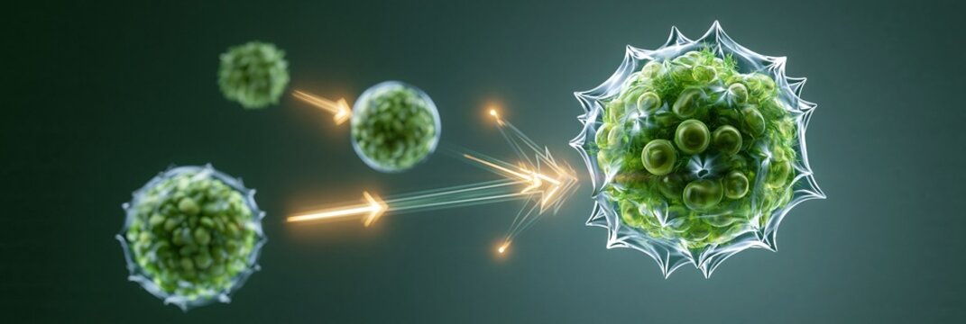 Close medium shot of a vibrant algae cell sphere illuminated by clean futuristic light linked to soybean and sugarcane spheres via glowing arrows on a subtle carbonneutral gradient