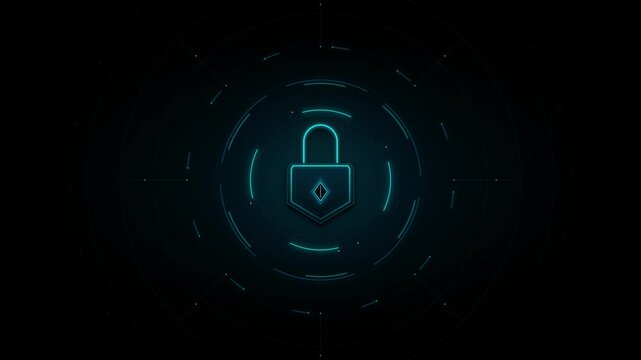 Teal glowing digital padlock with shield shape and circular futuristic interface on black
