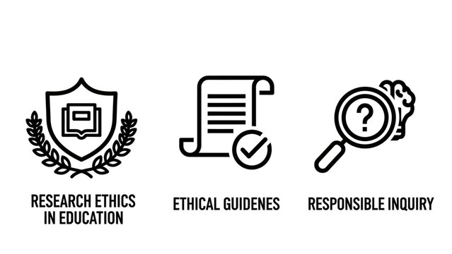 Educational ethics research icons set featuring research ethics in education ethical guidelines and responsible inquiry research education guidelines responsible magnifying question academic