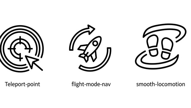 Virtual reality navigation icons for movement and exploration with teleport navigation locomotion movement explorer graphics illustration technology interactive character settings vectorial