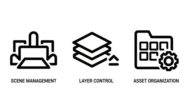 Digital workflow and management icons set displaying scene management layer control and asset organization with management organization workflow software interface optimization technical