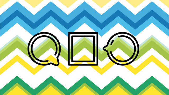 Abstract geometric icons set with circle square speech bubble shapes on colorful chevron pattern background geometric abstract background colorful minimalist elements decoration