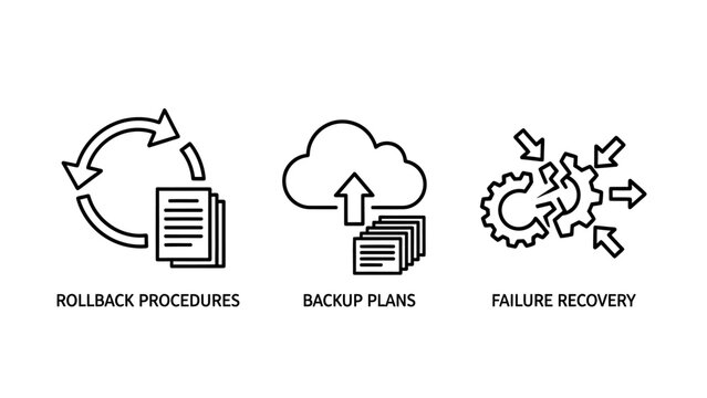 Tech UI icons representing rollback procedures backup plans failure recovery with rollback procedures recovery maintenance security technology software development solution engineering