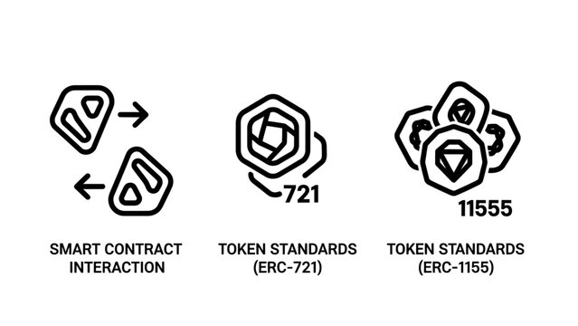 Smart contract interaction and token standards line icon set with blockchain contract standard technology transaction interaction currency decentralized database security innovation