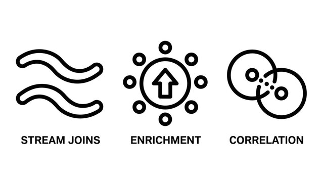 Data processing operations icons set featuring stream joins enrichment and correlation processing enrichment correlation analysis information computing technology database analytics software
