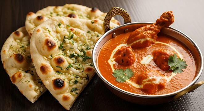 Delicious Indian butter chicken with naan bread