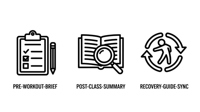 Workout planning and fitness recovery process icons with training planning recovery exercise checklist wellness activity lifestyle magnifying research movement physical schedule coaching