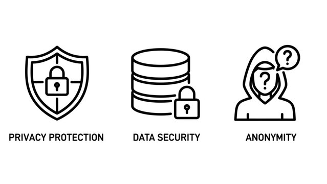 Privacy and cybersecurity icon set showing protection concepts with security anonymity protection encryption database cybersecurity identity confidentiality anonymous internet cryptography