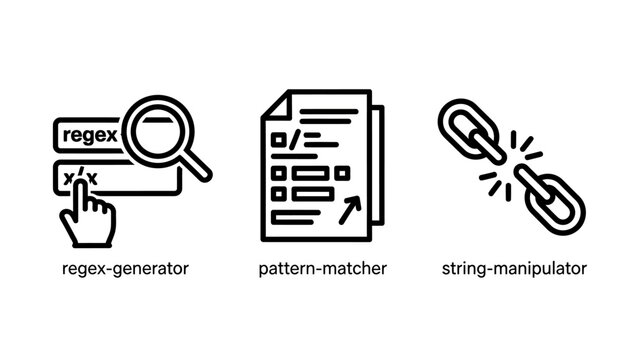 Programming and string manipulation tool icon set with programming software developer generator matching manipulation development scripting algorithm document computer engineering