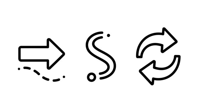 Directional and process flow icons featuring straight arrow curved path and circular refresh symbols direction navigation waypoint movement progress straight interface sequence automation