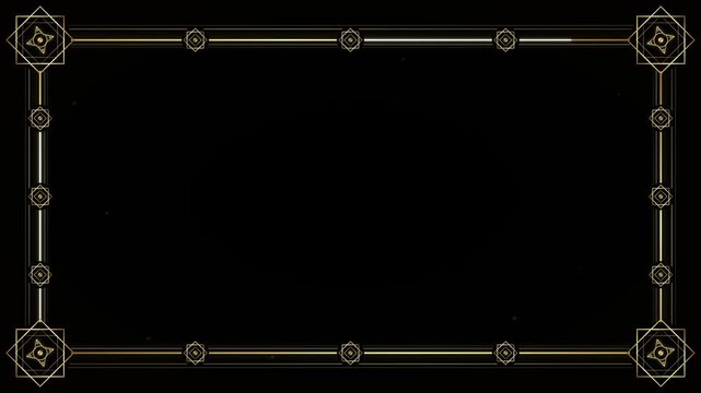 Ornate gold deco border frame on a black background with subtle sparkles